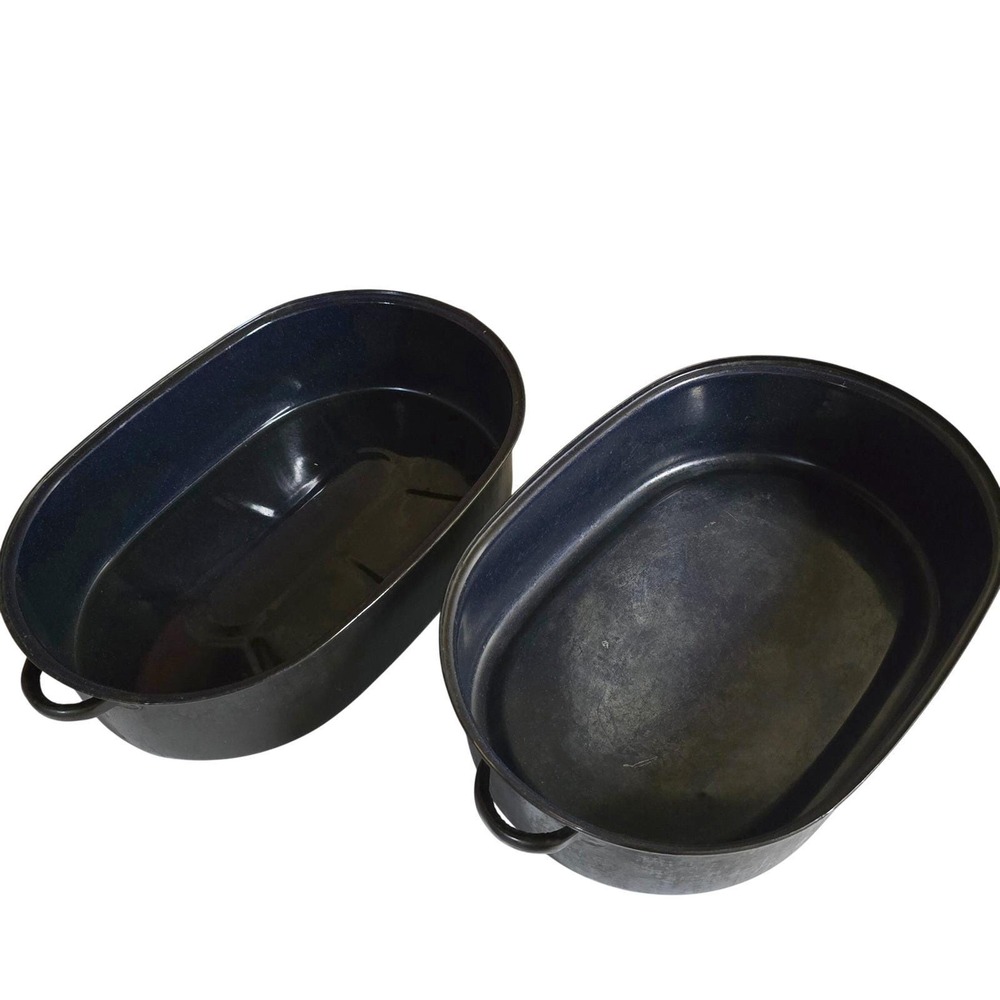 Vintage‎ Large Blue Enamel Oval Double Roaster Pan 17.5 in Two Piece